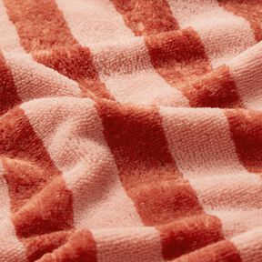Frottéstof Bambus blokstriber – rød/hummerfarvet, 