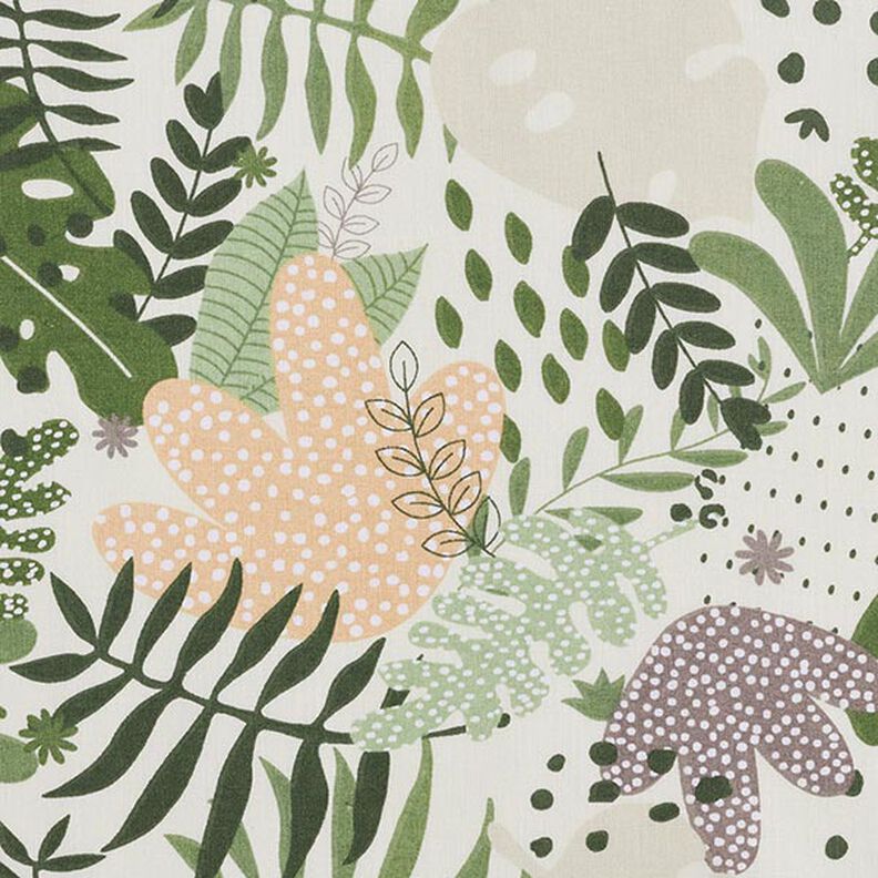 Bomuldsstof Cretonne abstrakte jungleplanter – hvid/grøn,  image number 6
