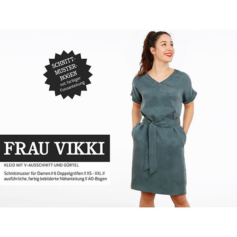 FRAU VIKKI - løs kjole med V-udskæring og bælte, Studio Schnittreif  | XS -  XXL,  image number 1
