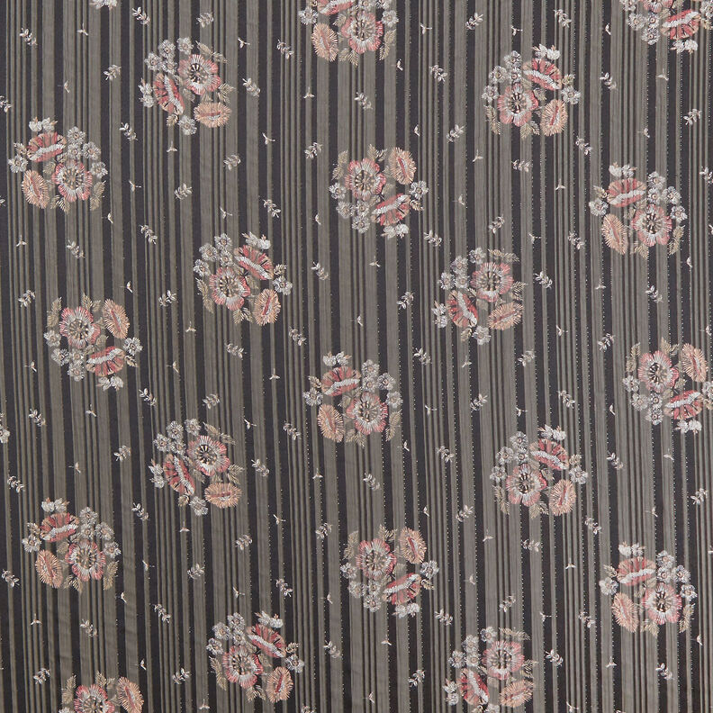 chiffon med satin- og metalliske striber og blomster – sort/hvid,  image number 1