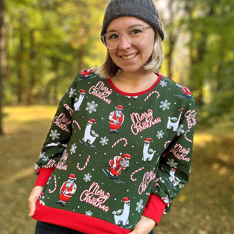 French Terry Sommersweat Julemanden og lama | Glitzerpüppi – mørkegrøn/chili,  image number 5