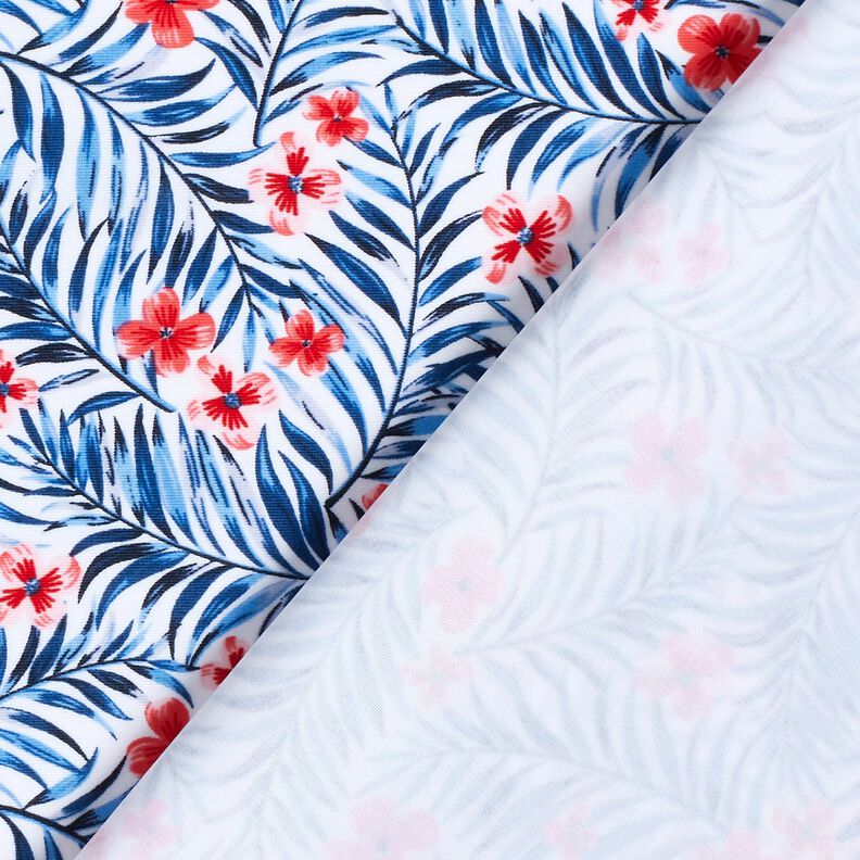 Badetøjsstof Blomster og palmevifter – hvid/indigo,  image number 4