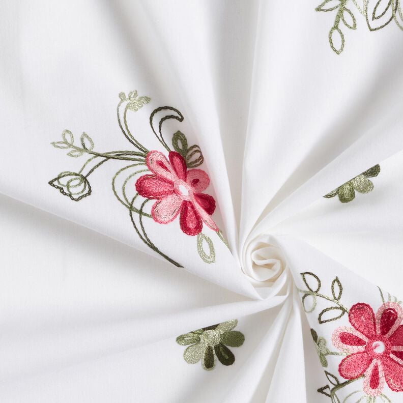 Bomuldspoplin Broderi blomsterbuketter – hvid/bær,  image number 3