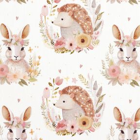 Bomuldspoplin Hare og pindsvin i en blomsterrank Digitaltryk – elfenben, 