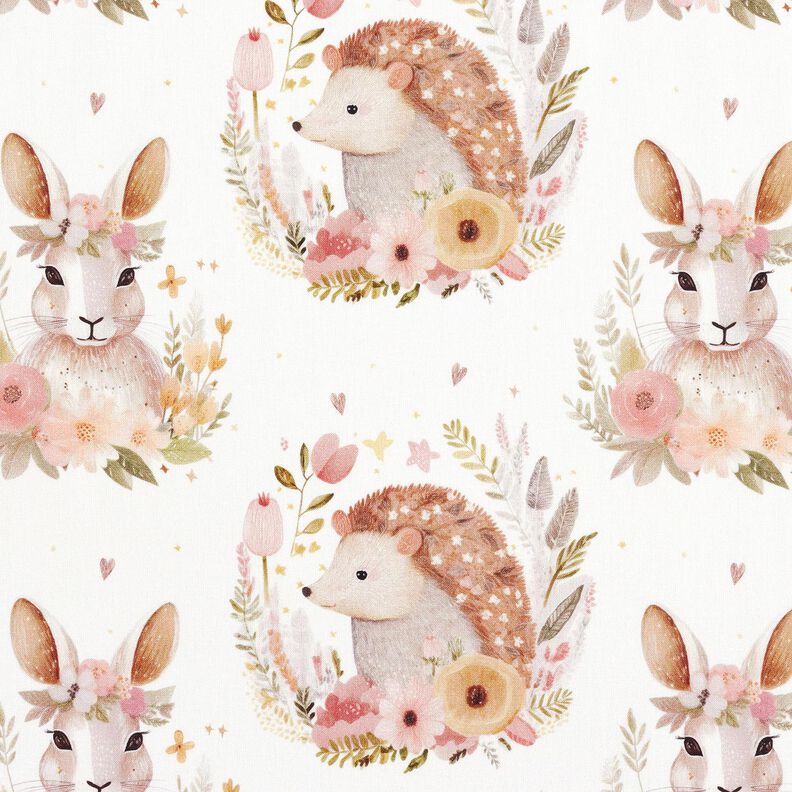 Bomuldspoplin Hare og pindsvin i en blomsterrank Digitaltryk – elfenben,  image number 1