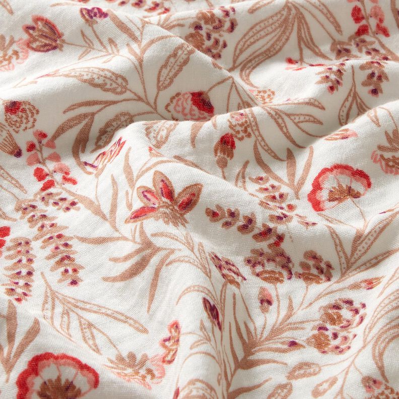 Musselin/Dobbelt-Crincle stof folkloristiske blomster – natur/rød,  image number 2