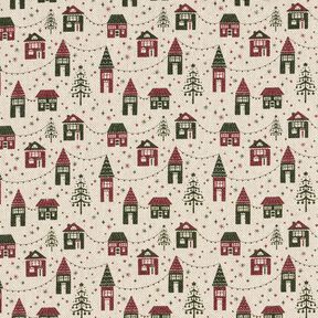 Dekorationsstof Halvpanama vinterlandsby – natur/mørk fyr, 