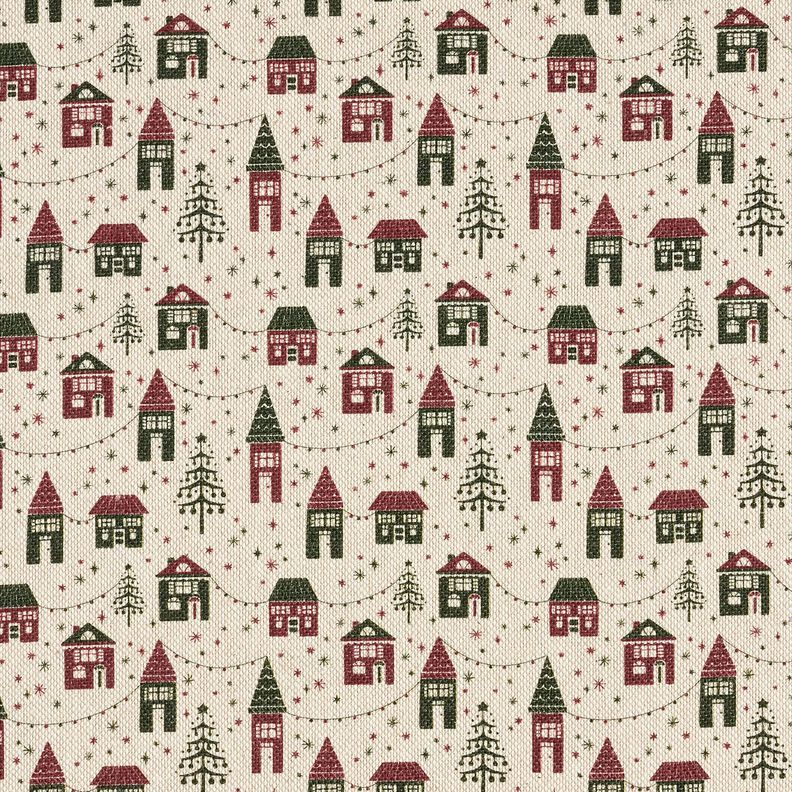 Dekorationsstof Halvpanama vinterlandsby – natur/mørk fyr,  image number 1
