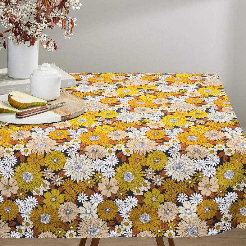 Bomuldsstof Cretonne store retroblomster – sort/solgul,  image number 6