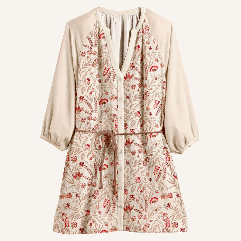 Musselin/Dobbelt-Crincle stof folkloristiske blomster – natur/rød,  image number 5