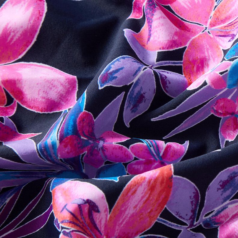 Badetøjsstof Tropiske blomster – marineblå/pink,  image number 2
