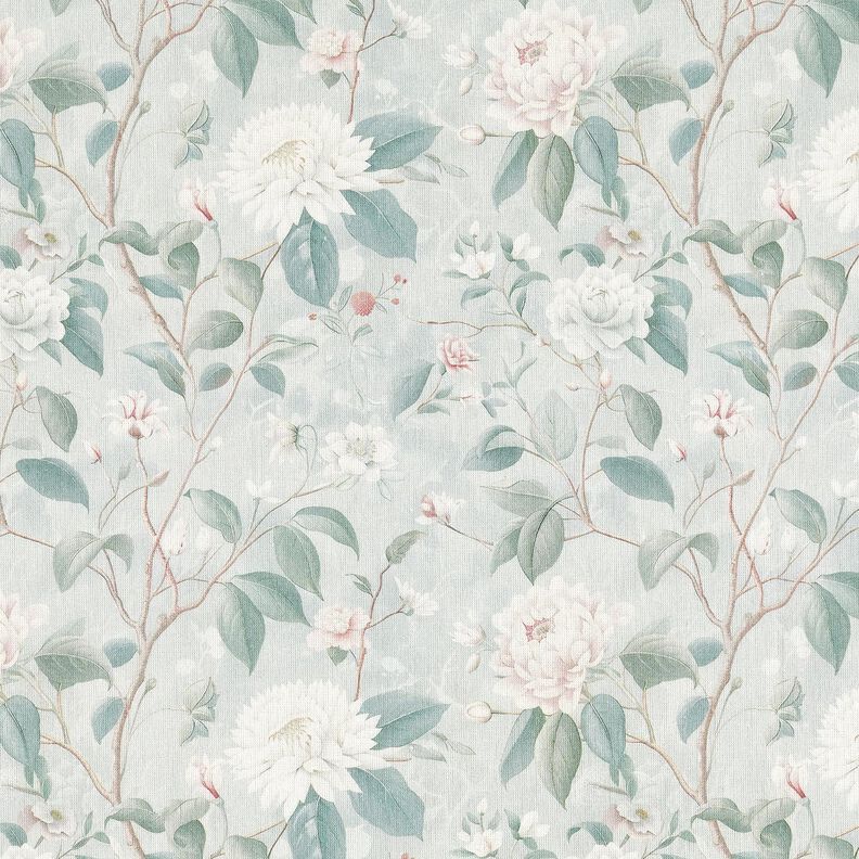 Bomuldsstof Poplin fine blomstergrene – sølvblå,  image number 1