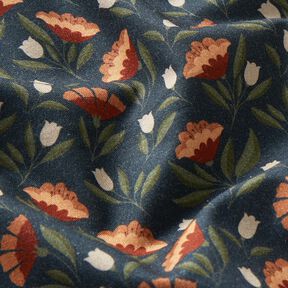 Bomuldsstof Poplin sarte blomster – sort-blå/terracotta, 