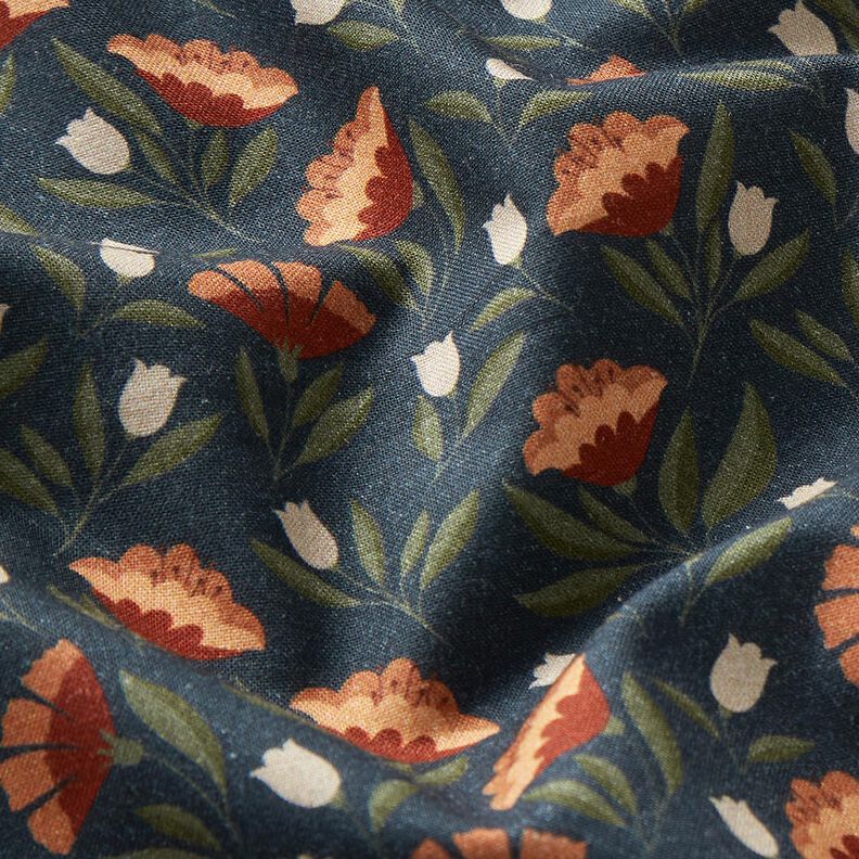 Bomuldsstof Poplin sarte blomster – sort-blå/terracotta,  image number 2
