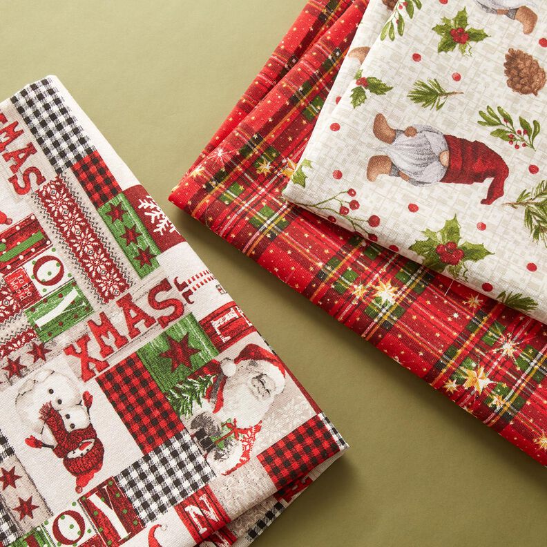 Dekorationsstof Canvas Nisse med hue – lysebeige/mørkerød,  image number 5