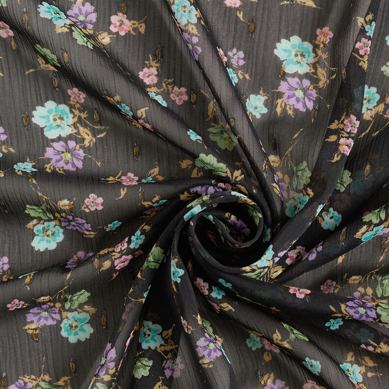crêpe chiffon dobby og blomster – sort/lyseblå,  image number 3