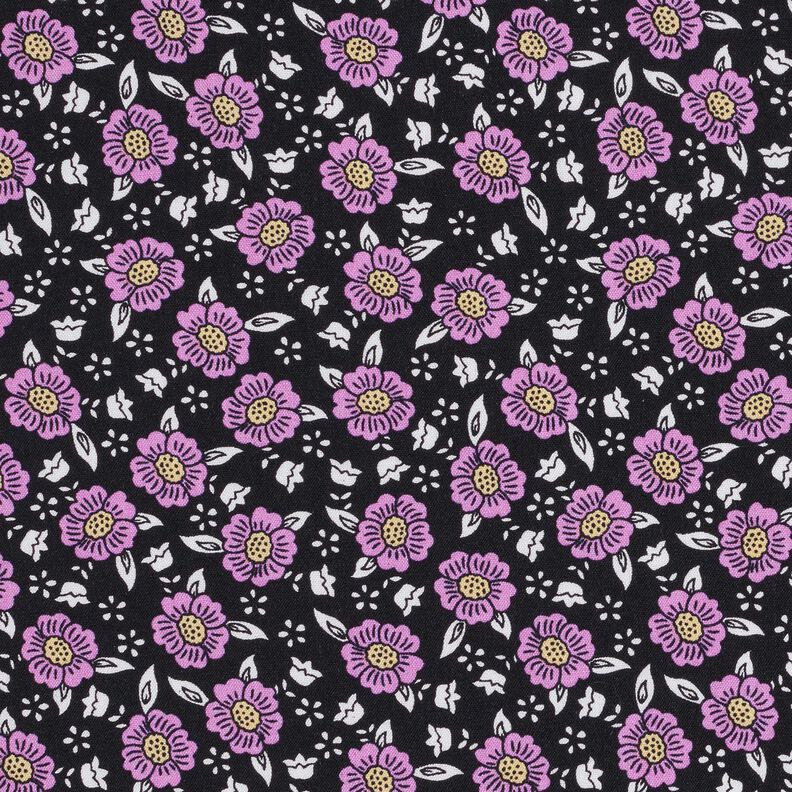 Viskosestof blomsterhav – sort/pastelviolet,  image number 1
