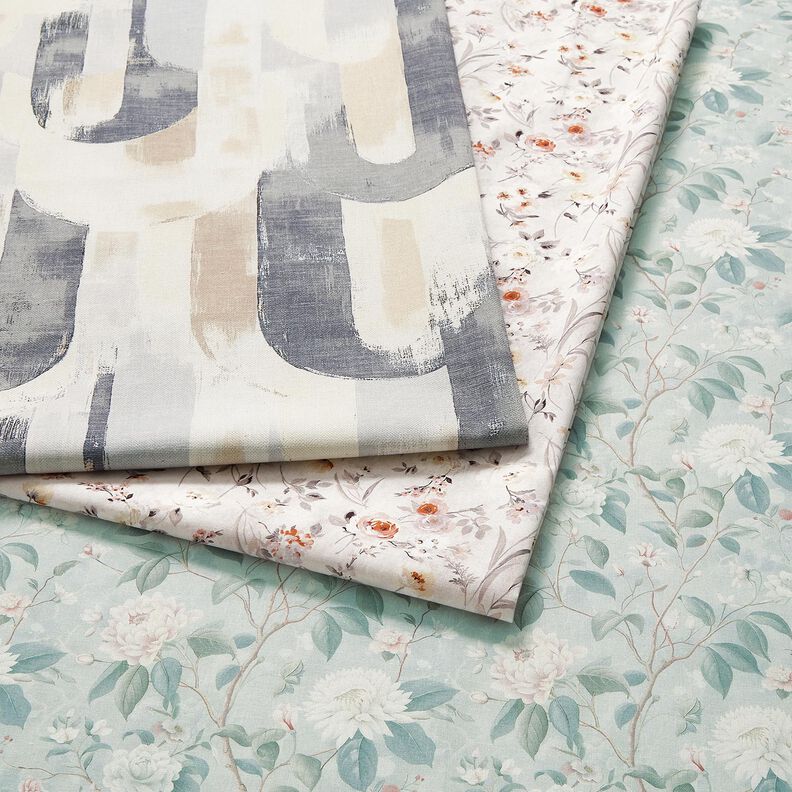 Bomuldsstof Poplin fine blomstergrene – sølvblå,  image number 5