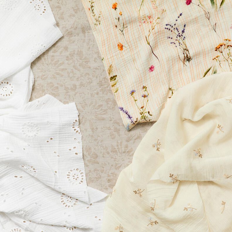 Musselin/Dobbelt-Crincle stof h&oslash;r-miks Blomster &ndash; mandel,  image number 5