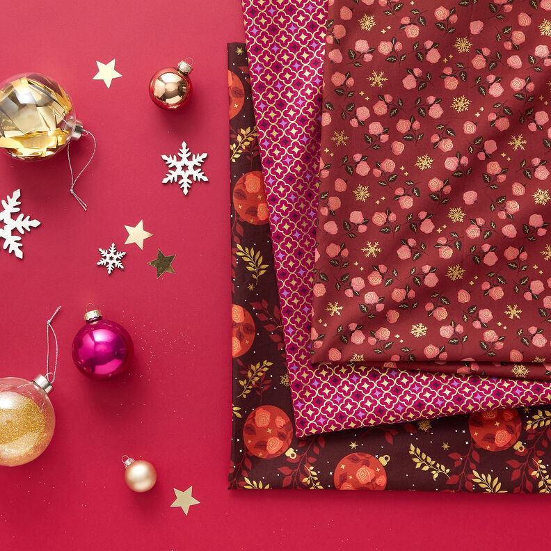 Bomuldsstof Poplin festlige kakler – bær/guld,  image number 5