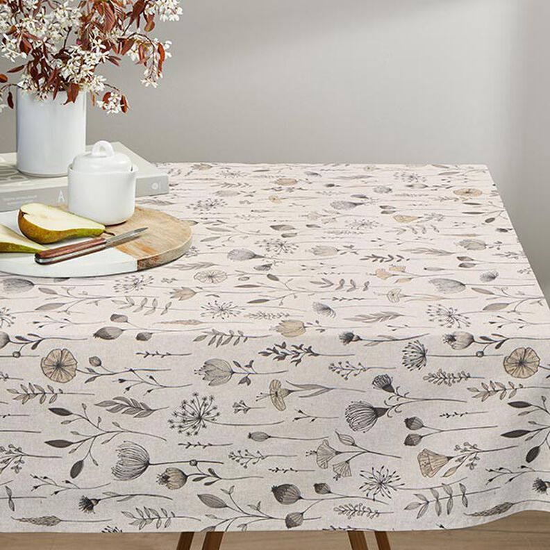 Dekorationsstof Halvpanama blomstertegning – natur/mørkebrun,  image number 7