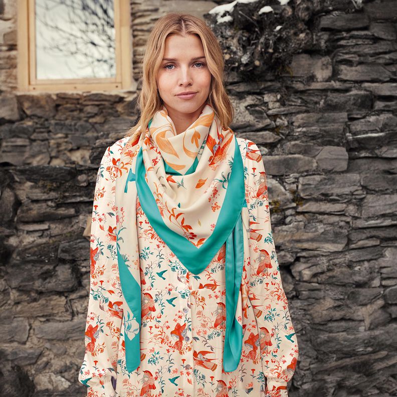 satin-panel med fugle og feer | Katia Fabrics – aquablå/creme,  image number 7