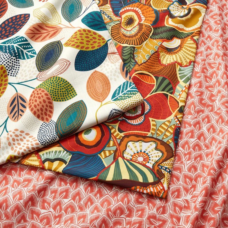 Bomuldsstof Cretonne folklore blomster – karminrød/petrol,  image number 5