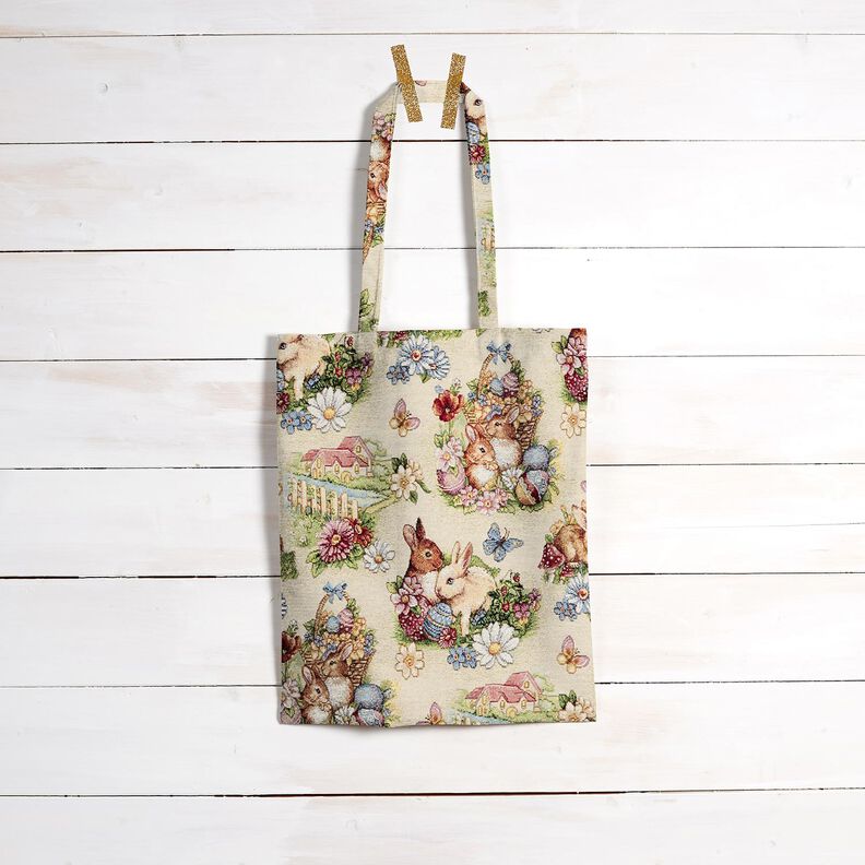 Dekorationsstof Gobelin Påskeharer i haven – lysebeige/bær,  image number 7