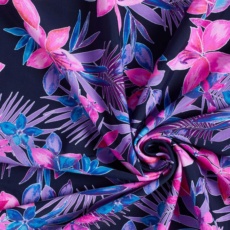 Badetøjsstof Tropiske blomster – marineblå/pink,  image number 3