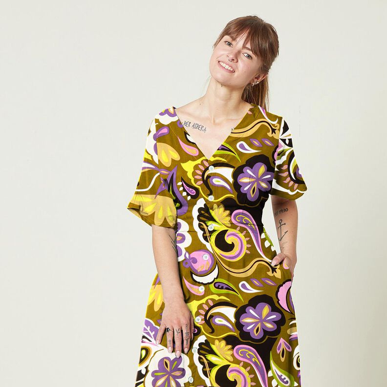 Viskosestof retroblomster – olivengrøn/lilla,  image number 6